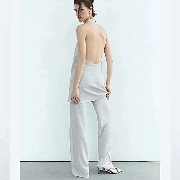 ZARA Wide Leg Knit Trousers Pull On Pants  Metallic Sheer Party Disco Rave - Picture 4 of 17